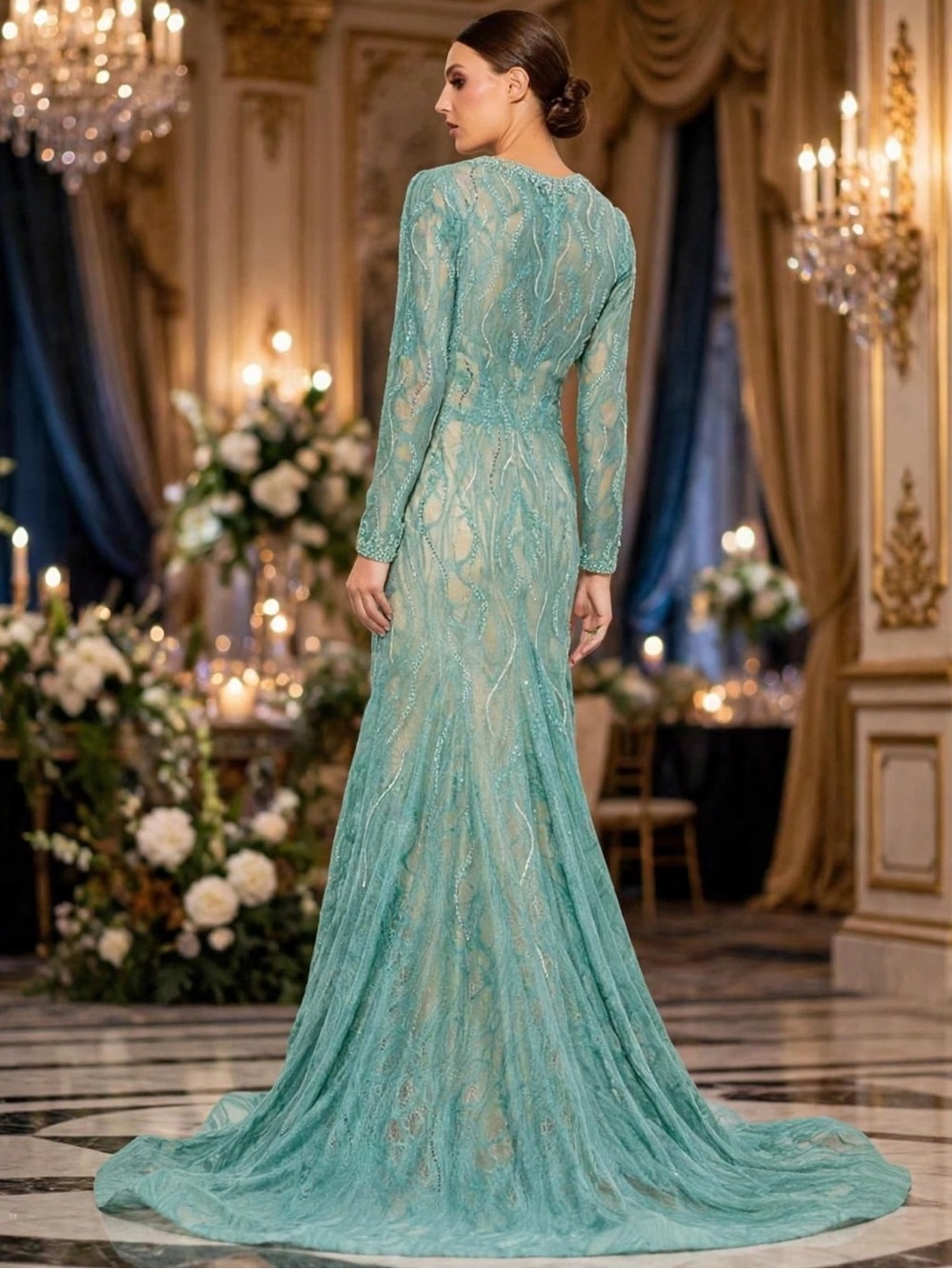 Mac Duggal Beaded Illusion Long Sleeve Plunge Neck Gown size 4 sold out… - Picture 2 of 15
